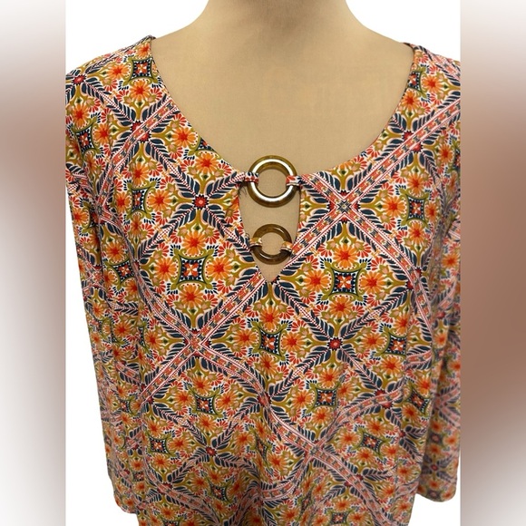 Tacera Orange Blue Floral Geometric Print Long Sleeve Tunic Stretch Top Size 2XL - Picture 2 of 10
